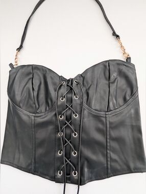 Women's (Large) Edgy Black Faux-Leather Lace-up Bustier/Corset w/Elastic Back